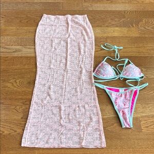 Strawberry Milk mob small triangle bikini set w lace coverup dress. Pink bubble